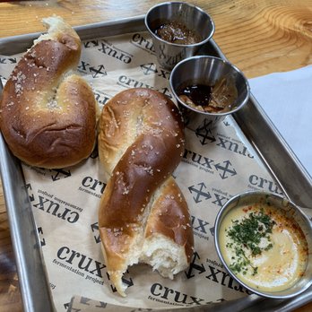 Crux Fermentation Project - Pretzel with three amazing dips. (Beer cheese, PB&J, mustard) AMAZING! - Brewpubs Near Me - Bend, Oregon