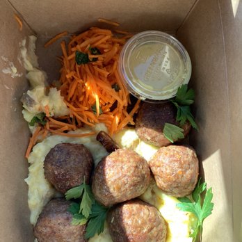 Kantine - Meatballs, Potato and Celery Root Mash, & Carrot Slas - Scandinavian Near Me - San Francisco, California Kantine - Meatballs, Potato and Celery Root Mash, & Carrot Slas - Scandinavian Near Me - San Francisco, California