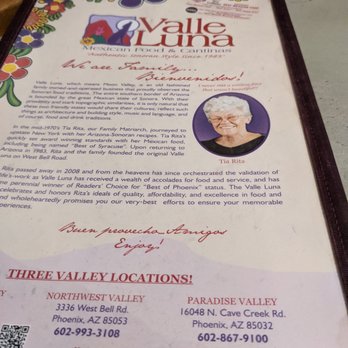 Valle Luna - Valle Luna Menu Front - Mexican Near Me - Chandler, Arizona