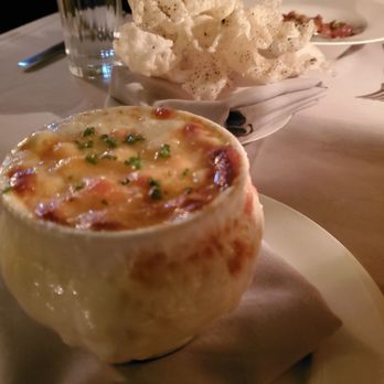 Maple & Ash - French Onion Soup with Gruyere Cheese; Tapioca Puff with Nori Sprikles - Steakhouses Near Me - Chicago, Illinois