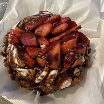 The Boardwalk - Chocolate funnel cake with strawberries, whipped cream, and chocolate sauce - Comfort Food Near Me - Blacksburg, Virginia