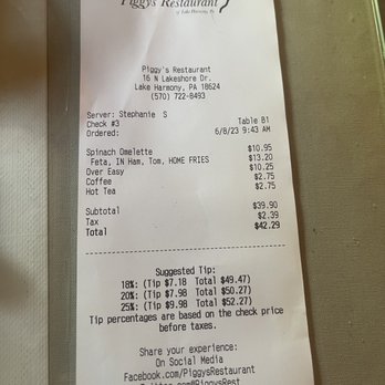 Piggy's Restaurant - Receipt - Breakfast & Brunch Near Me - Lake Harmony, Pennsylvania Piggy's Restaurant - Receipt - Breakfast & Brunch Near Me - Lake Harmony, Pennsylvania