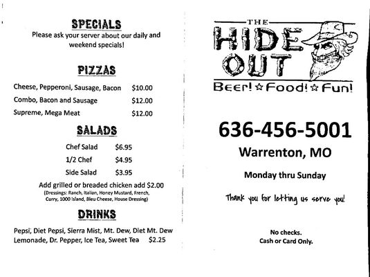 Menu photo 1 The Hideout Warrenton, MO Menu photo 1 The Hideout Warrenton, MO
