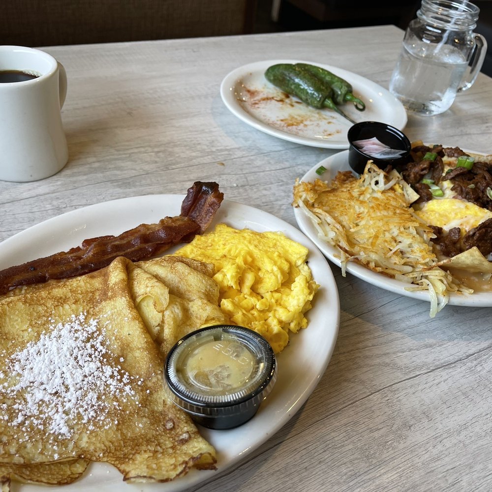 Loaded Cafe - Long Beach - Honey Lemon Crepes Crunchy Asada Chilaquiles Stacker Breakfast in the background - American Near Me - Long Beach, California Loaded Cafe - Long Beach - Honey Lemon Crepes Crunchy Asada Chilaquiles Stacker Breakfast in the background - American Near Me - Long Beach, California