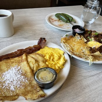 Loaded Cafe - Long Beach - Honey Lemon Crepes Crunchy Asada Chilaquiles Stacker Breakfast in the background - American Near Me - Long Beach, California Loaded Cafe - Long Beach - Honey Lemon Crepes Crunchy Asada Chilaquiles Stacker Breakfast in the background - American Near Me - Long Beach, California