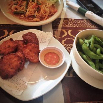 Luk Thai - Tod Mun Pla (Fish cakes) - bursting with flavor and fresh side of salty edamame - Thai Near Me - Wakefield, Rhode Island