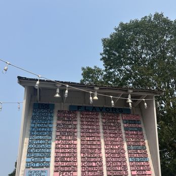Scoop Deck - A large menu board at an ice cream shop lists flavors and treats, with a clear blue sky and string lights overhead. - Ice Cream & Frozen Yogurt Near Me - Wells, Maine