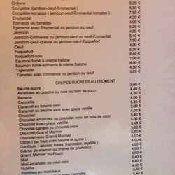 Crêperie Garnier - Carte des différentes crêpes proposées