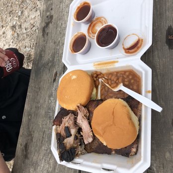 Exit 87 - Combo ribs and pulled pork, beans and potato salad on the side. Both hot and sweet bbq - Barbeque Near Me - Jackson, Tennessee