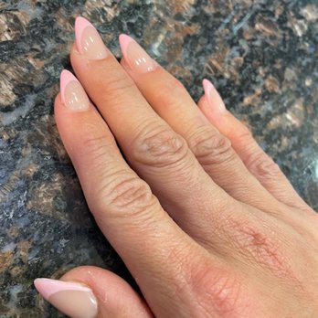 Emme Beauty - Natural acrylic base with pink rounded tips, almond point shape. - Waxing Near Me - Boerne, Texas Emme Beauty - Natural acrylic base with pink rounded tips, almond point shape. - Waxing Near Me - Boerne, Texas