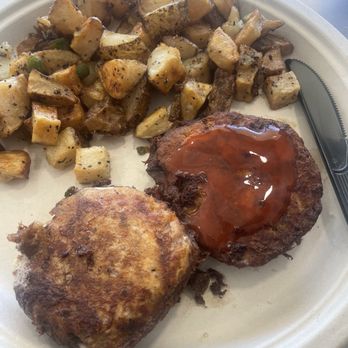 The Breakfast Spot - Salmon croquettes and fried potatoes!! Yummy! That's Texas Pete on the pattie! - Breakfast & Brunch Near Me - Greensboro, North Carolina The Breakfast Spot - Salmon croquettes and fried potatoes!! Yummy! That's Texas Pete on the pattie! - Breakfast & Brunch Near Me - Greensboro, North Carolina