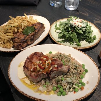 SOCIAL BIRD - Grilled soy-tahini rubbed hangar steak frites, Duroc pork chop - Gastropubs Near Me - Lafayette, California