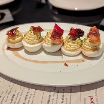 Entourage - Entourage deviled eggs - A bit on the sweet side because of the maple syrup - American Near Me - Naperville, Illinois Entourage - Entourage deviled eggs - A bit on the sweet side because of the maple syrup - American Near Me - Naperville, Illinois