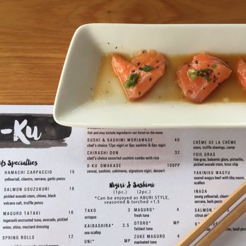O-Ku - Salmon Usuzukuri: The tiny sprinkle of salt with the powerful punch of wasabi are an amazing balance to the sweet salmon and citrusy sauce. - Japanese Near Me - Atlanta, Georgia