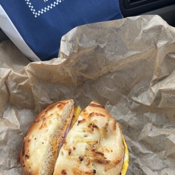 Noah's NY Bagels - Looking forward to my $12 double stack w bacon and ham, after seeing the maple bagels were baked incorrectly with zero crumble on top - Bagels Near Me - Ventura, California