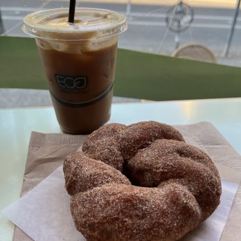 Half and Half Doughnut Co. - Iced Brewed Coffee with Caramel flavor and The Georgette Cinnamon Twist - Coffee & Tea Near Me - Seattle, Washington