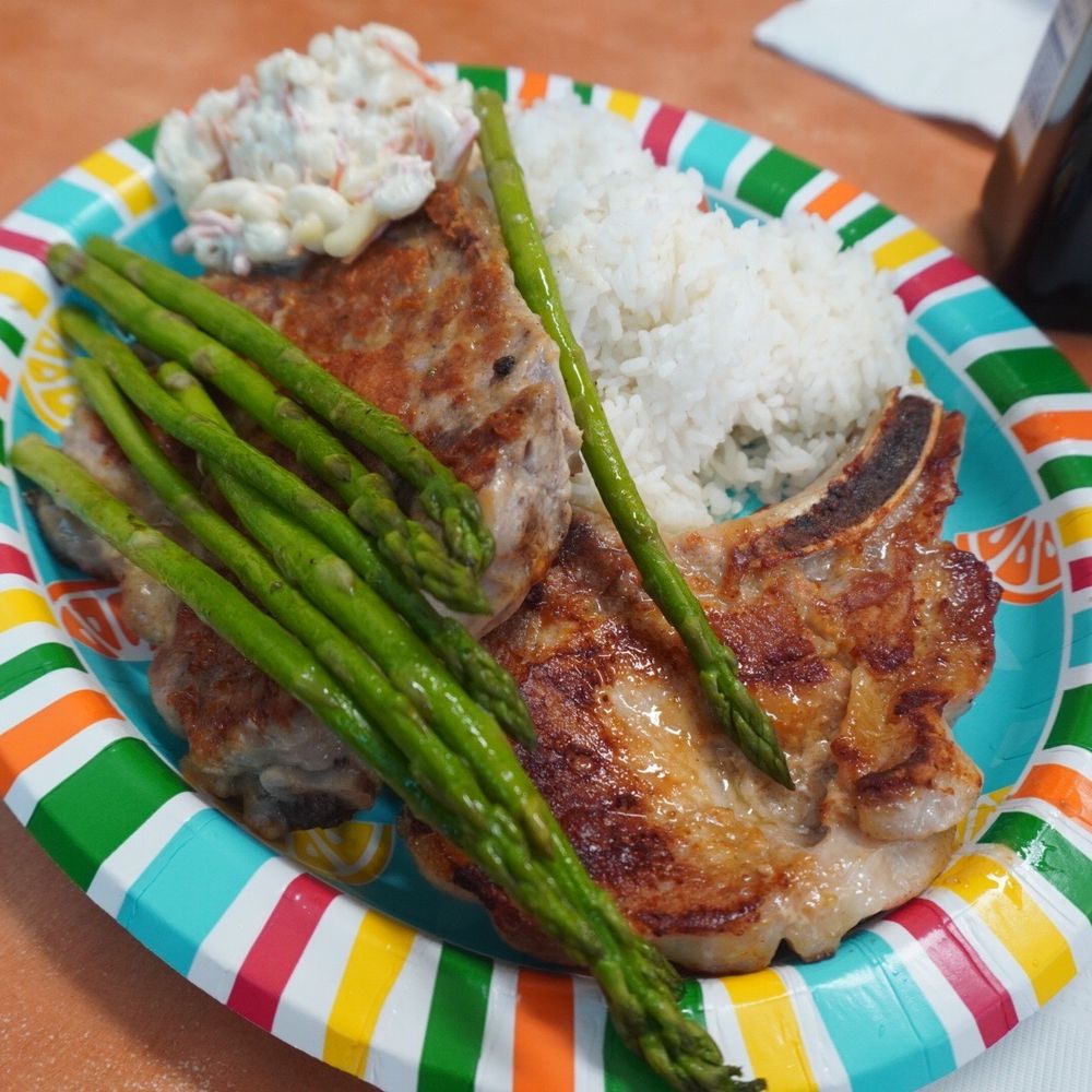 Ray's Café - Grilled pork chops topped with asparagus (so yummy) *8/18/24 - American Near Me - Honolulu, Hawaii Ray's Café - Grilled pork chops topped with asparagus (so yummy) *8/18/24 - American Near Me - Honolulu, Hawaii