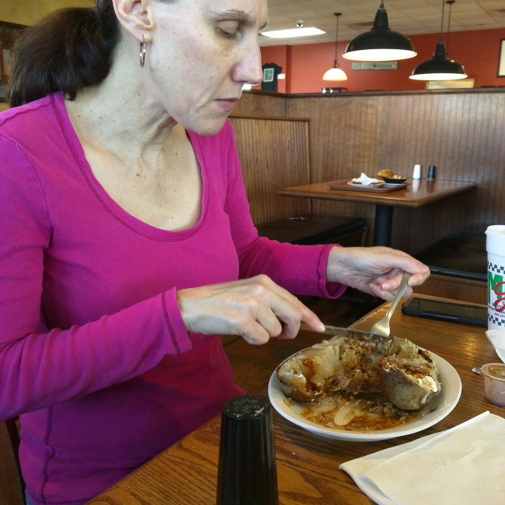 Got the Bar-B-Que baked potato. It doesn't come with sour cream but you can buy it from them for a little more than $.30 a small packet. Got the Bar-B-Que baked potato. It doesn't come with sour cream but you can buy it from them for a little more than $.30 a small packet.
