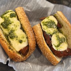 Knuckle Sandwich Deli - Bruno, homemade chicken cutlet with fresh mozzarella, pesto, and grated Parmesan