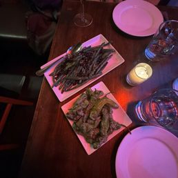 Shishito peppers and green beans with chilli crisp