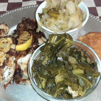 Elisha's Food for the Soul - Grilled fish with cabbage and greens with hot water cornbread - Soul Food Near Me - Marshall, Texas