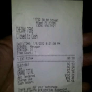 Shawarma Mediterranean Grill - Receipt at shawarma...50cent pita and they made me break $100 bill since their min for the check card is $5!! - Mediterranean Near Me - Miami, Florida Shawarma Mediterranean Grill - Receipt at shawarma...50cent pita and they made me break $100 bill since their min for the check card is $5!! - Mediterranean Near Me - Miami, Florida