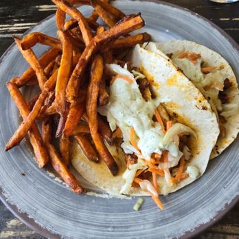 Thyme on Section - Fish Tacos with sweet potato fries - New American Near Me - Fairhope, Alabama Thyme on Section - Fish Tacos with sweet potato fries - New American Near Me - Fairhope, Alabama