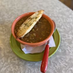Holly Cafe - Beef barley cup of soup with a toasted baguette