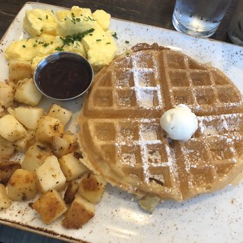 First Watch - Trifecta with waffle, scrambled eggs, and sub meat for potatoes - American Near Me - Raleigh, North Carolina