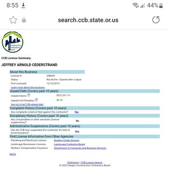 J & J Construction/Septics - This is a photo of his suspended license and court judgments against him and his company from the ccb website. - Septic Services Near Me J & J Construction/Septics - This is a photo of his suspended license and court judgments against him and his company from the ccb website. - Septic Services Near Me