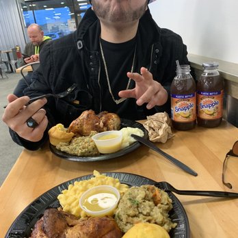 FIRE Roasted Chicken & Grill - Half Chicken, stuffing, mac and cheese, corn bread. Big Holmes got the same with mashed taters. - Barbeque Near Me - West Caldwell, New Jersey