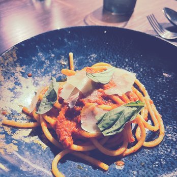 Trestle - Bucatini all'Amatriciana - Nduja, Pecorino, Tomato - New American Near Me - San Francisco, California Trestle - Bucatini all'Amatriciana - Nduja, Pecorino, Tomato - New American Near Me - San Francisco, California
