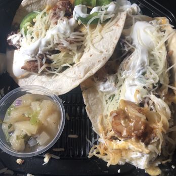 Bubbakoo's Burritos - TACO TRIO - BUILD YOUR OWN with carnitas and extra shrimp also new pineapple salsa on the side. - Mexican Near Me - Morrisville, Pennsylvania