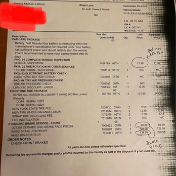 Firestone Complete Auto Care - $840 bill for front tires and a front brake job....... Brake job was $500 for the cheapest quality parts - Tires Near Me - Staten Island, New York