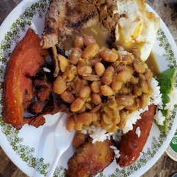 Paisita: rice, beans, avocado, plantain, chorizo, chicharron, steak, egg