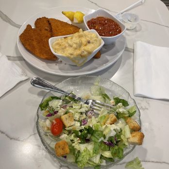 Tiffany On The Blvd - Fried Flounder, macaroni and cheese, and stewed tomatoes. Also salad with ranch dressing. - Breakfast & Brunch Near Me - Philadelphia, Pennsylvania Tiffany On The Blvd - Fried Flounder, macaroni and cheese, and stewed tomatoes. Also salad with ranch dressing. - Breakfast & Brunch Near Me - Philadelphia, Pennsylvania