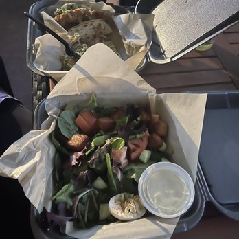 The Walking Pig - House salad with cornbread croutons & fried chicken tacos - Bakeries Near Me - Saint Joseph, Louisiana