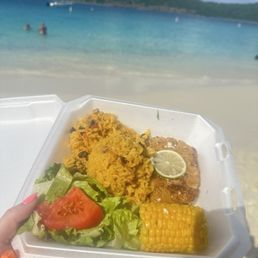 Grilled seabass, corn, rice- all were delicious!! Cooked to perfection in paradise.