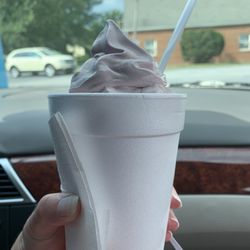 JJ's Soft Serve - Large raspberry soft serve in a cup.