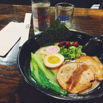 Uma Uma - Tonkatsu ramen with 3 spice level with a refreshing glass of J-pop - Ramen Near Me - Ellicott City, Maryland