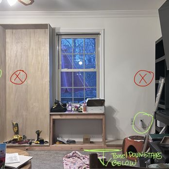 Logan Electric Service - Before: this was where the plugs were asked to be (X) and where it would be routed from (in green) - they did a fantastic job - Electricians Near Me - Fredericksburg, Virginia