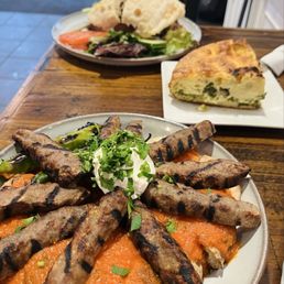 Simurgh Kebab, kale, mushroom, goat cheese borek and Sabich sandwich