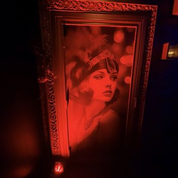 Aye Candy - Bathroom door is a large portrait - Speakeasies Near Me - Houston, Texas
