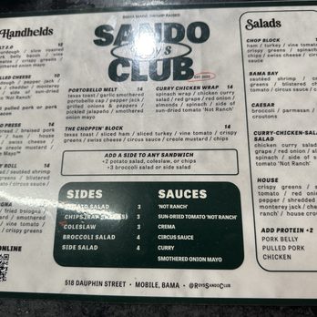 The Insider - Menu from Roy's Sando Club. - The menu from Sado's Club offers various sandwiches, salads, sides, and sauces, with options like Cubano Press, Caesar salad, and side salads. - Pizza Near Me - Mobile, Alabama