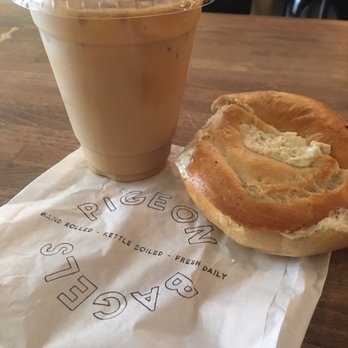 Pigeon Bagels - Plain bagel with fig and honey cream cheese spread ($4) - Bagels Near Me - Pittsburgh, Pennsylvania