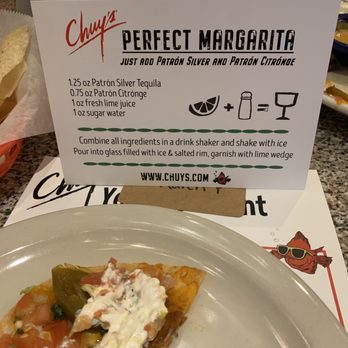 Chuy's - A card at each place giving instructions for Chuy's Perfect Margarita. - Tex-Mex Near Me - Noblesville, Indiana Chuy's - A card at each place giving instructions for Chuy's Perfect Margarita. - Tex-Mex Near Me - Noblesville, Indiana