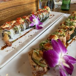 Crunchy roll on right and aloha on left Crunchy roll on right and aloha on left