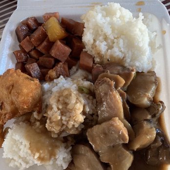 Sone's - Roast pork with luncheon meat n a hush puppy.So ono!!. - Asian Fusion Near Me - Lihue, Hawaii