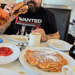 The Toast Cafe - 3 pancakes, spicy chicken biscuit, honey chicken biscuit