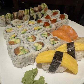 Tokyo Sushi - Tamago and salmon sashimi, black dragon roll, Tropical Roll - Sushi Bars Near Me - Omaha, Nebraska